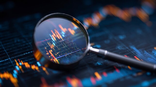 Close-up view of a magnifying glass over a blurred financial chart. The data is a mix of orange, yellow, and blue colors. The glass shows data points - Powered by Adobe