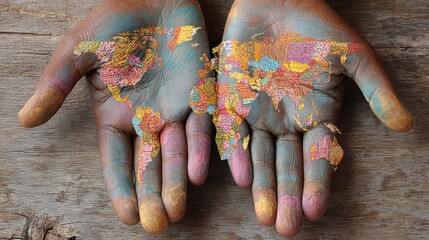 Hands with painted world map showing global connectedness and diversity