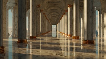 Ancient marble colonnade leads the eye toward a bright, hopeful opening and distant mountain vista.