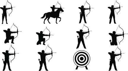 Archery silhouettes, bow and arrow poses, standing, kneeling, horseback archers, target practice, sports illustration, traditional archery vector, competitive shooting design © MrsAnoawra