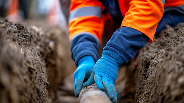 Worker wearing protective gloves repairing or connecting underground cables in a narrow trench.
