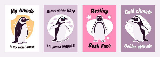 African penguin slogan poster set. Inspirational quotes collection for T-shirt printing, motivational copybook covers ready design, creative typography, tote bag decor, promotion. Vector illustration