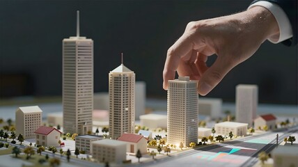 One hand is pointing at a model of a city with skyscrapers and trees in the foreground
