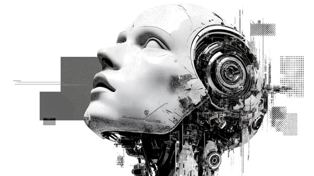 Ai robot cyberpunk futuristic technology head profile grayscale halftone illustration concept art evoke curiosity with sleek futuristic technology head profile grayscale halftone, isolated