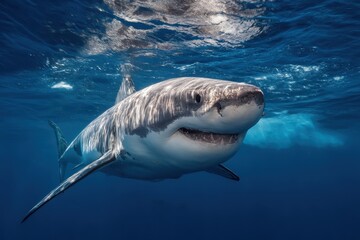 Naklejka premium Great white shark swimming gracefully in clear waters, showcasing a unique expression of friendliness in its natural habitat