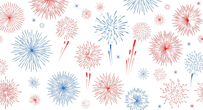 Vibrant colorful fireworks exploding on white background in red white and blue hues