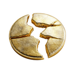 A golden sphere, fractured into four distinct, irregular pieces