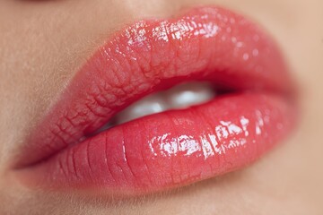 Closeup of beautiful female lips adorned with bright lipgloss showcasing texture and shine in a soft light setting