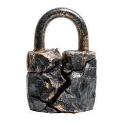A heavily weathered and cracked padlock, appearing rusted and broken open