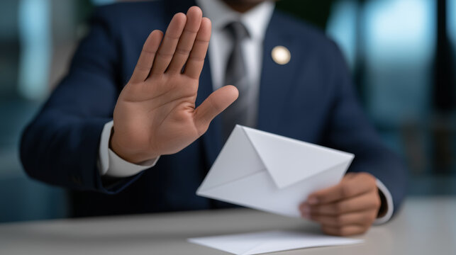 Businessperson rejecting an envelope representing anti bribery policy and ethical compliance.
