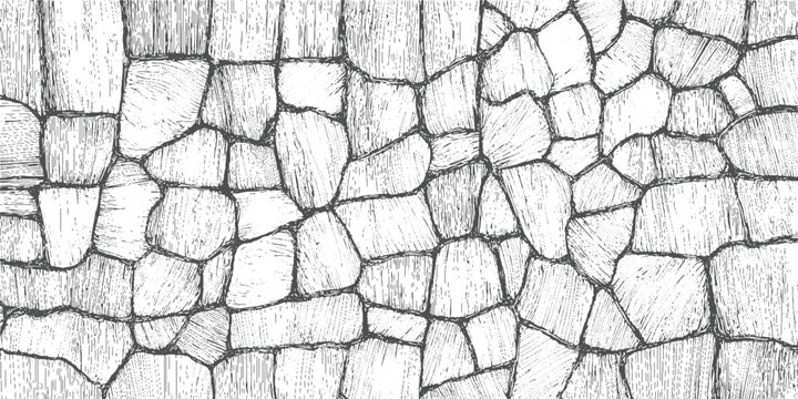 Hand drawn stone wall texture with irregular shapes and hatching detail background pattern