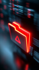 Glowing red digital folder with warning symbol representing data security risk and system alert.
