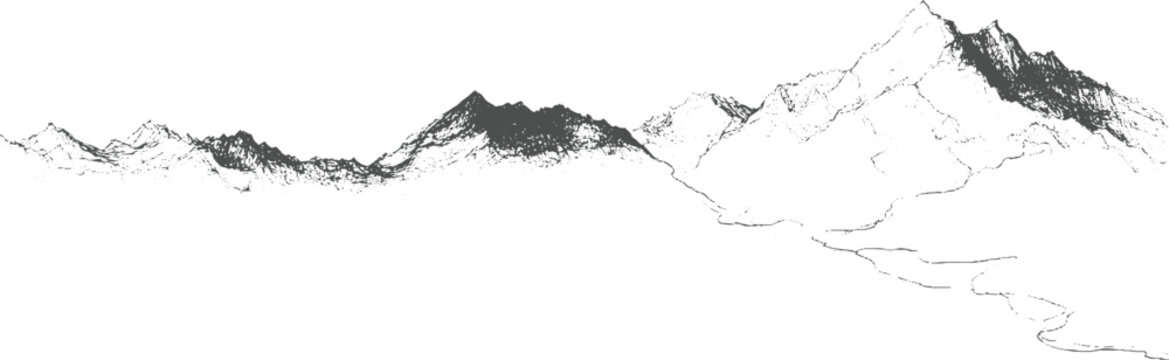 Panoramic view of jagged mountain range with winding river below in monochrome peaks landscape