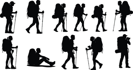 Obraz premium Hiking silhouettes vector illustration, trekking backpackers with poles, outdoor adventure people walking, standing, sitting, photographing, mountain exploration, camping, travel, tourism, nature