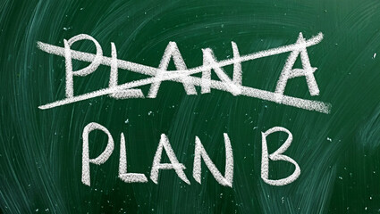 Chalkboard with Plan A crossed out and Plan B written below green writing