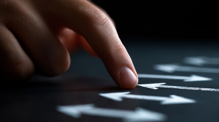 Finger pressing a digital arrow icon on a touch interface symbolizing navigation or decision making.