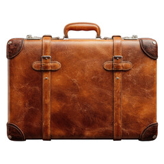 Classic brown leather suitcase with buckled straps and reinforced corners