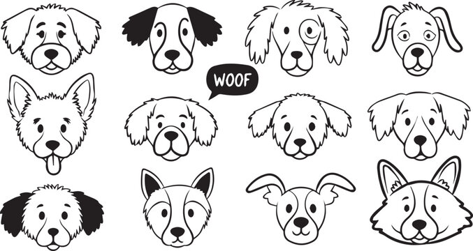Minimal hand-drawn dog face doodle set, black ink line art, cute cartoon puppies with different expressions and ear shapes, loose sketch strokes, simple 2D illustration on soft pastel background .
