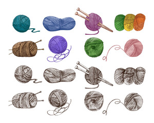 Hand drawn vintage sketch of colorful and monochrome yarn balls with knitting needles, vector illustration on white