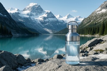 Stainless steel water bottle on rock by alpine lake with clear reflections and snowy mountain peaks under bright daylight in natural background. Ai generative