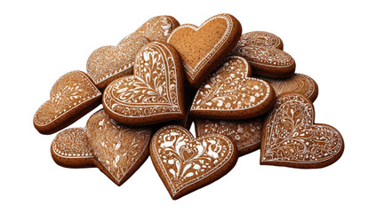 Heart-shaped cookies with intricate white icing patterns piled high