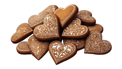 Heart-shaped cookies with intricate white icing patterns piled high
