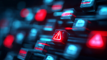 Glowing red digital folder with warning symbol representing data security risk and system alert.
