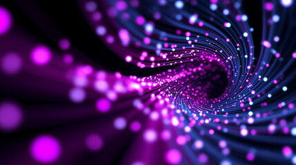 Abstract futuristic tunnel of glowing purple particles forming a dynamic digital background.
