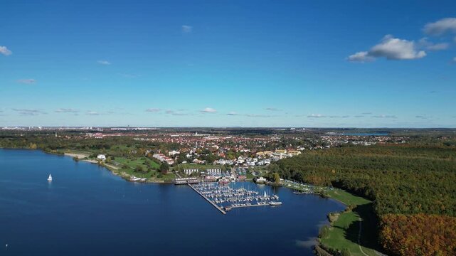 Germany- Saxony- Leipzig- Aerial view of marina on Cospudener See lake