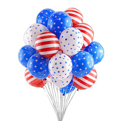 A cluster of festive, patriotic balloons in red, white, and blue