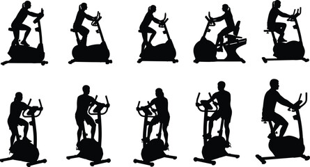 Silhouette people exercising on stationary bikes and elliptical machines, fitness workout illustration, cardio training vector art for gym, health, wellness, lifestyle
