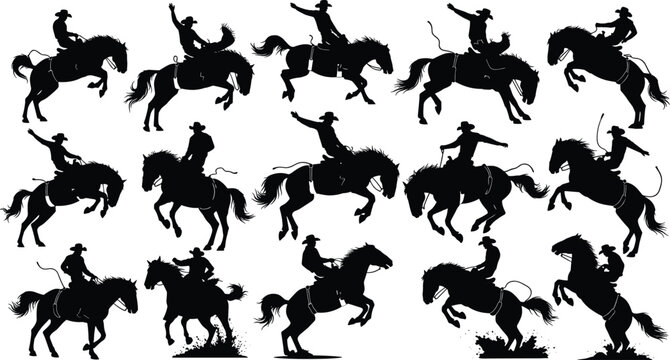 Rodeo cowboy silhouette vector illustration, bucking horse rider artwork, western culture sport scene, dynamic equestrian action, wild west tradition design