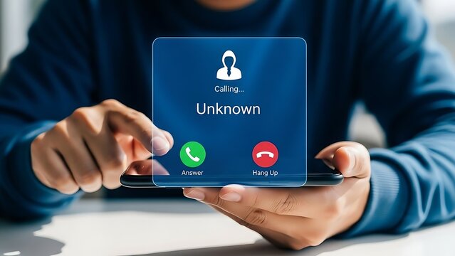 Receiving an incoming call from an unknown number on a smartphone screen, with options to answer or hang up