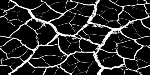 Fototapeta premium Abstract black cracked texture with white fracture lines, resembling dry soil or shattered surface. High contrast, minimal design, sharp details, seamless pattern, clean background, studio lighting.