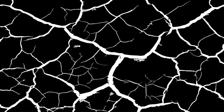 Abstract black cracked texture with white fracture lines, resembling dry soil or shattered surface. High contrast, minimal design, sharp details, seamless pattern, clean background, studio lighting.