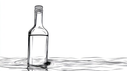 Minimalist illustration of a clear glass bottle with water on white background