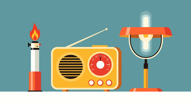 Retro radio, lighter and lamp in vintage style illustration isolated