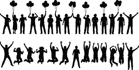 celebration, silhouette, balloons, jumping, people, joy, excitement, black, white, icon, illustration, vector, design, symbol, posture, gesture, happiness, unity, festive, movement
