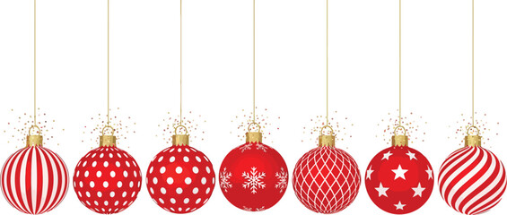 Seven red and white christmas ornaments hanging on strings