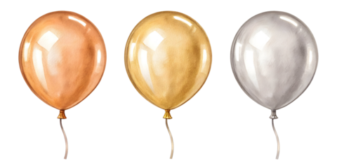 Three metallic watercolor balloons isolated on a transparent background