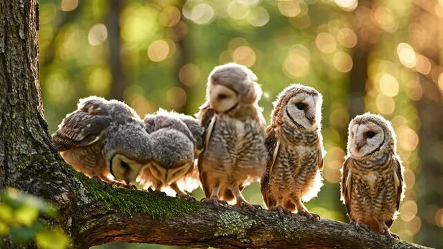 Five adorable baby barn owls perched on a mossy tree branch in sunlight