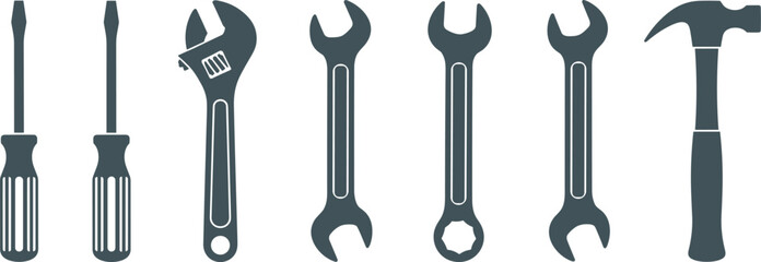 Hand tools set illustration, screwdriver wrench spanner hammer icons, construction repair equipment collection, isolated flat design, maintenance toolkit graphic ©  jahanara