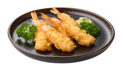 Tempura shrimp with wasabi and parsley on a dark plate isolated on white background
