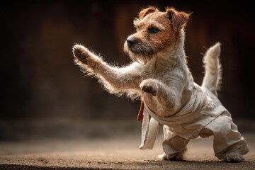 Dog demonstrates martial arts skills during training session in an indoor dojo setting with soft lighting and textured backdrop