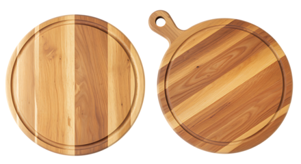 Two wooden cutting boards with rounded edges one with handle on transparent background.