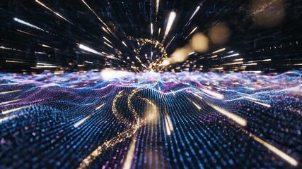 Dynamic abstract digital landscape with glowing data streams and interconnected particles creating a futuristic network visualization representing advanced technology global communication and the int. - Powered by Adobe