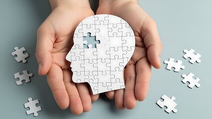 Mental health concept, hands holding a jigsaw puzzle shaped like a head with a missing piece, symbolizing psychological support and wellness
