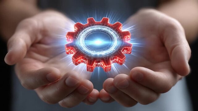 Hand's Embrace: A symbol of innovation, held gently. The glowing gear in hands represents technology, progress and innovation. 