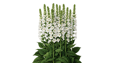 A beautiful cluster of white foxglove flowers with lush green leaves on transparent background.