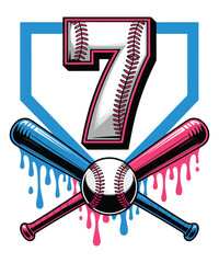 Baseball graphic design featuring number seven, home plate, and paint drip bats t shirt design
